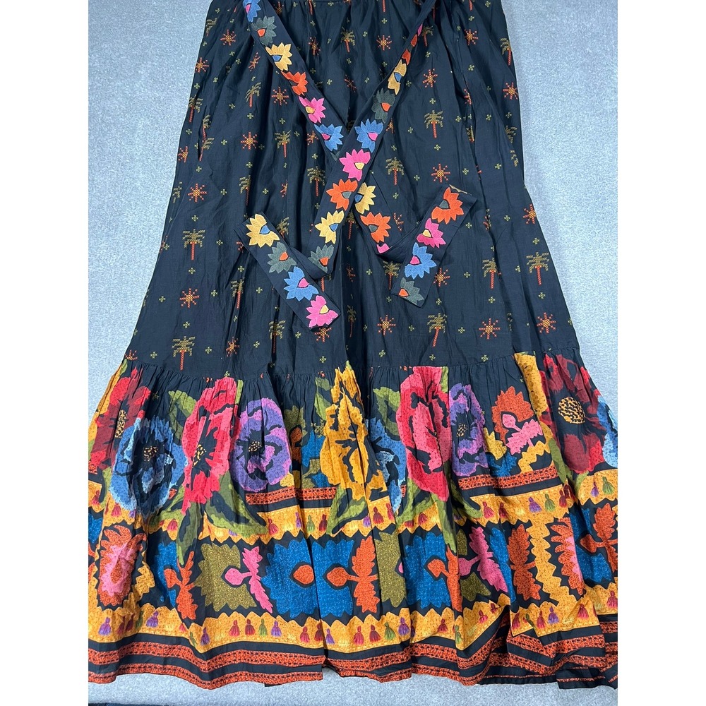 Farm Rio Anthropologie Dress 1X Black Embroidered Strapless Maxi Tie Back Boho - Picture 9 of 16